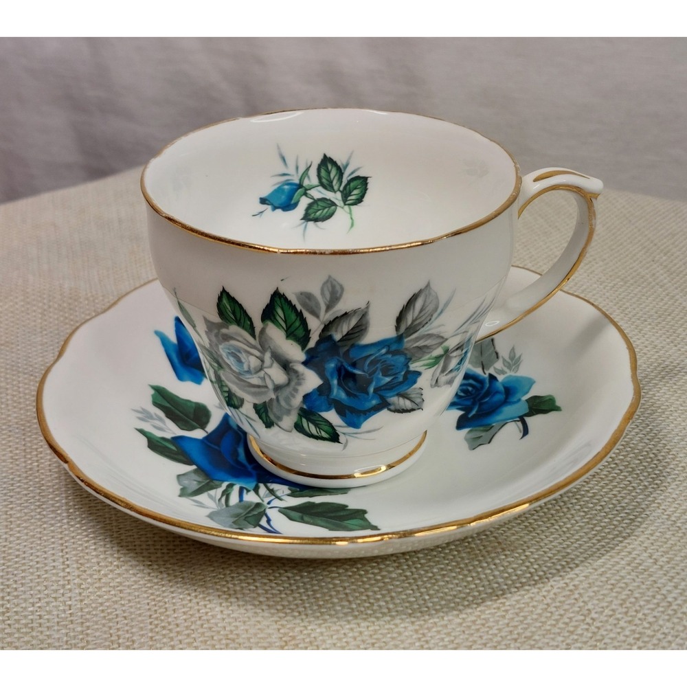 Vintage Duchess England Bone China Dark Blue Rose Inside Teacup Saucer Gold Trim
